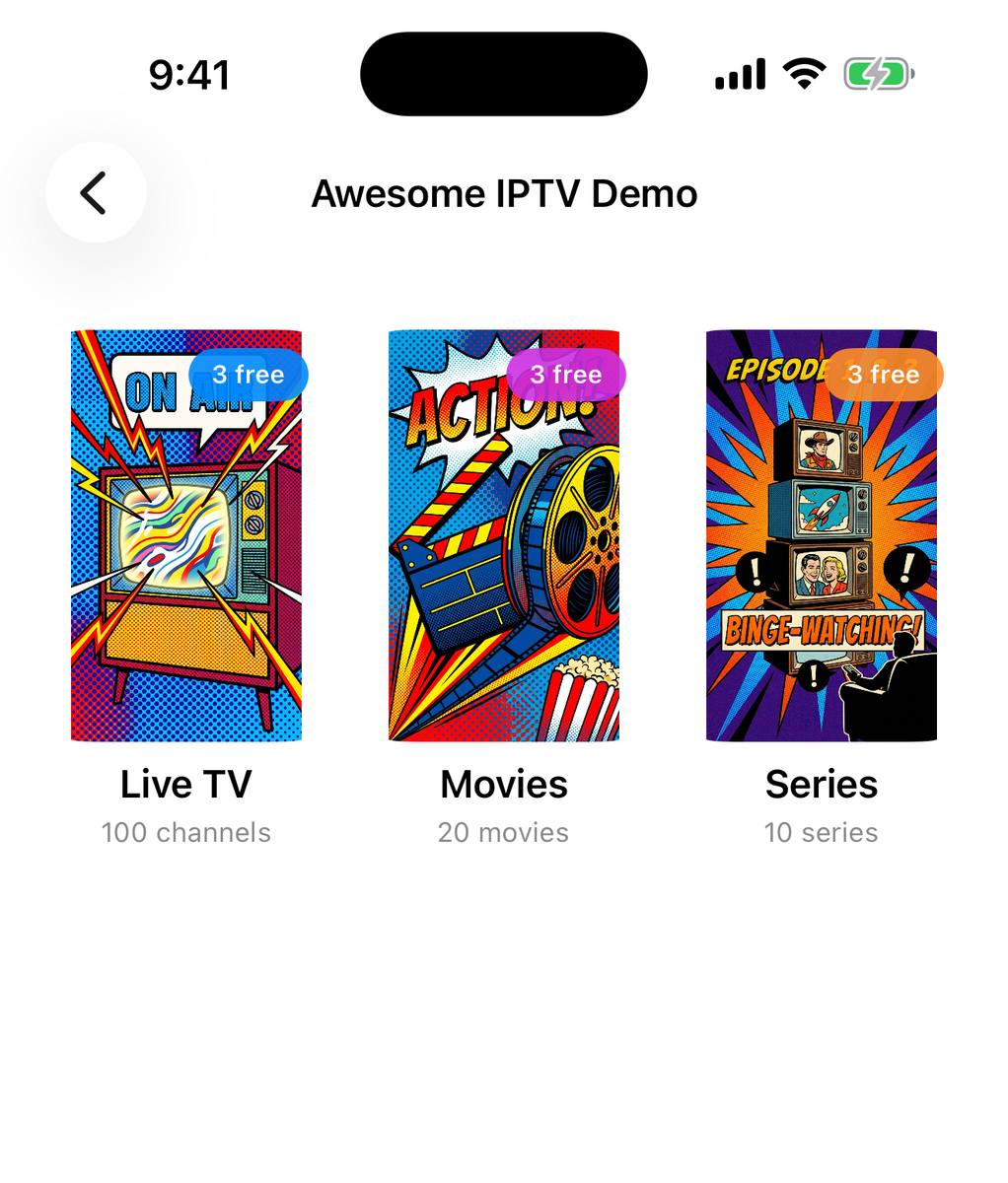 Awesome IPTV on iPhone showing Live TV, Movies, and Series in a demo library